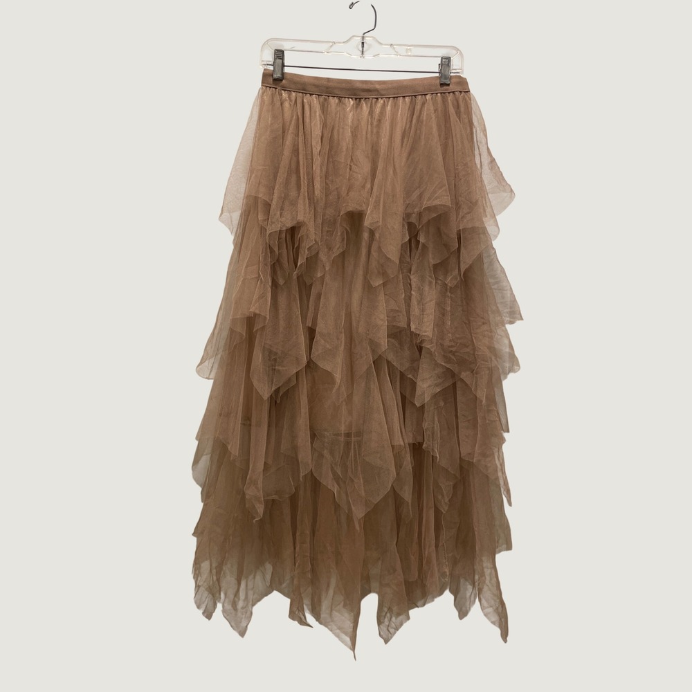 Womens Tiered Ruffle Tulle Maxi Skirt Fairy Whimsical Coquette Boho L Beige
